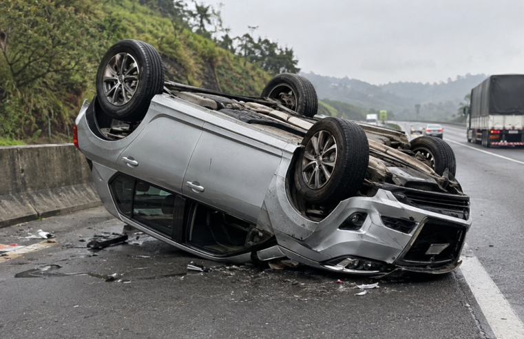 Carro capota após bater em mureta na Mogi-Dutra e deixa mulher ferida